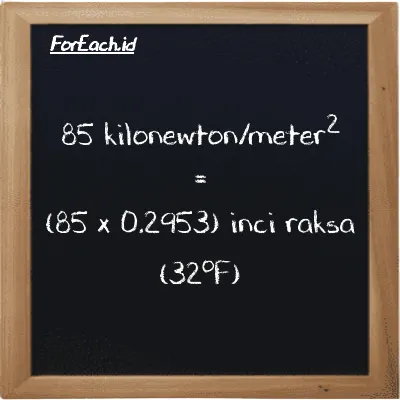 Cara konversi kilonewton/meter<sup>2</sup> ke inci raksa (32<sup>o</sup>F) (kN/m<sup>2</sup> ke inHg): 85 kilonewton/meter<sup>2</sup> (kN/m<sup>2</sup>) setara dengan 85 dikalikan dengan 0.2953 inci raksa (32<sup>o</sup>F) (inHg)